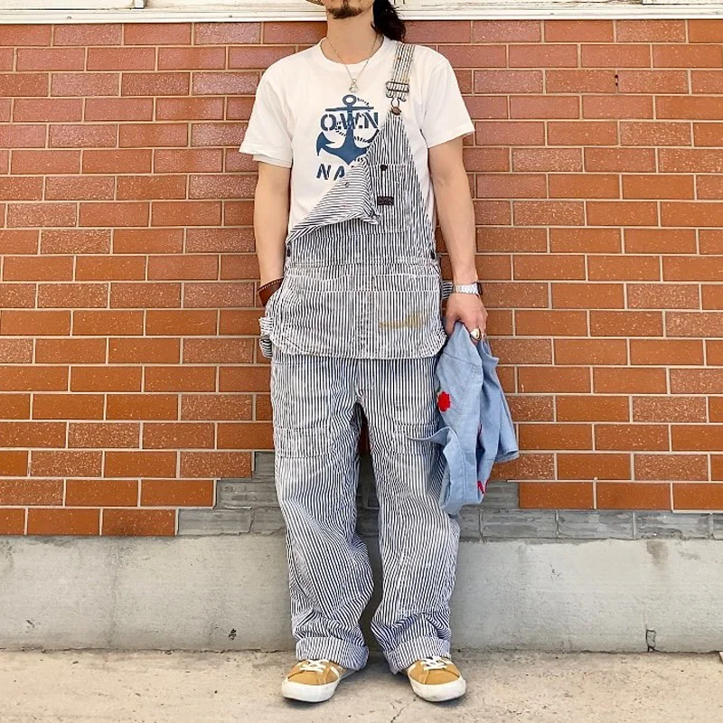 Vintage Distressed Striped Baggy Overalls