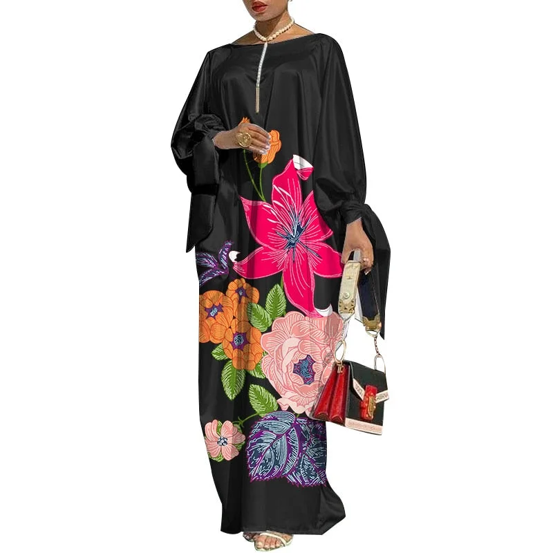Bohemian Long Maxi Dress VONDA 2022 Women Vintage Floral Printed Party Dress Vestidos Autumn Long Sleeve Satin Slik Sundress