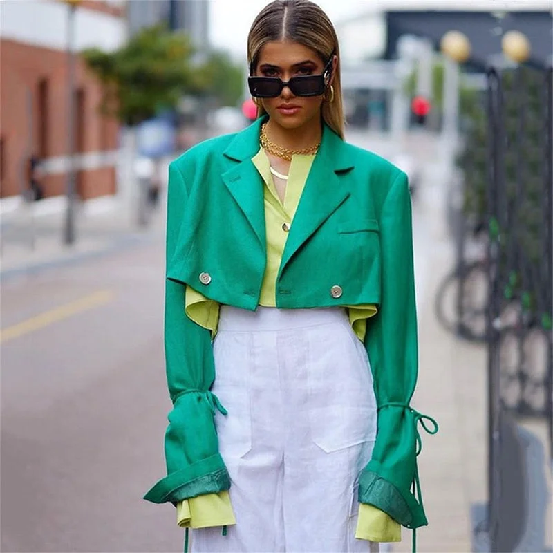 Yimunancy Women Blazer V Neck Long Sleeve Cropped Blazer 2021 Autumn Chic Button  Lace Up Turn-down Collar Outwear