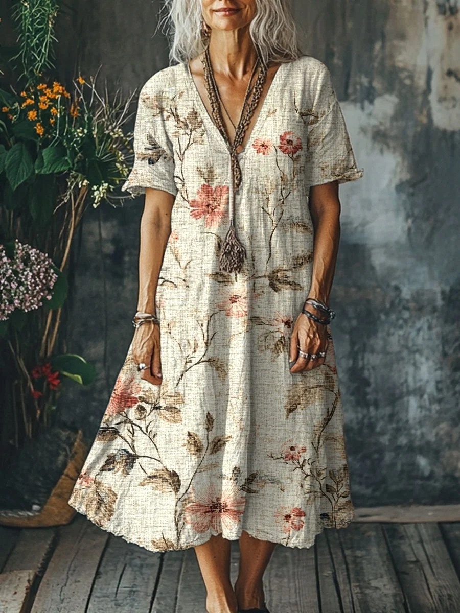Women's Flowers Art Print Pocket Cotton Dress