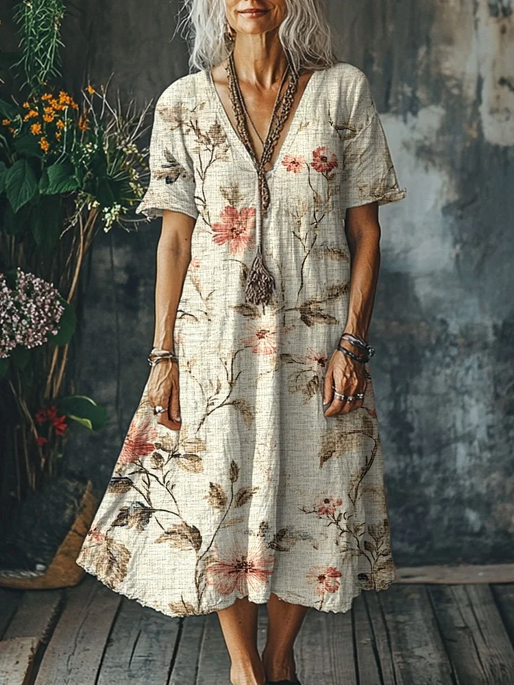 Women's Flowers Art Print Pocket Cotton Dress