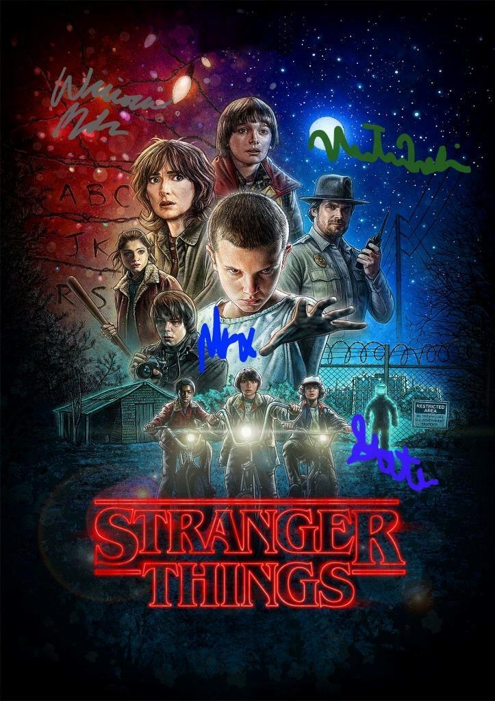 STRANGER THINGS CAST X4 PP SIGNED 12X8