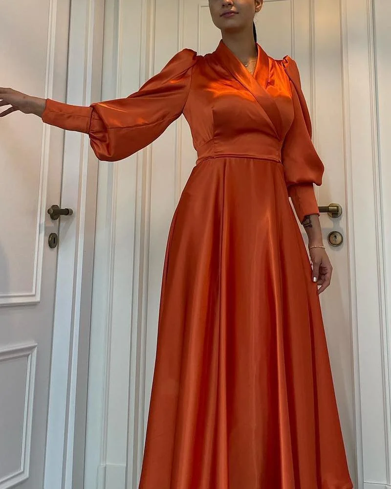 Solid Satin Lantern Sleeve Dress