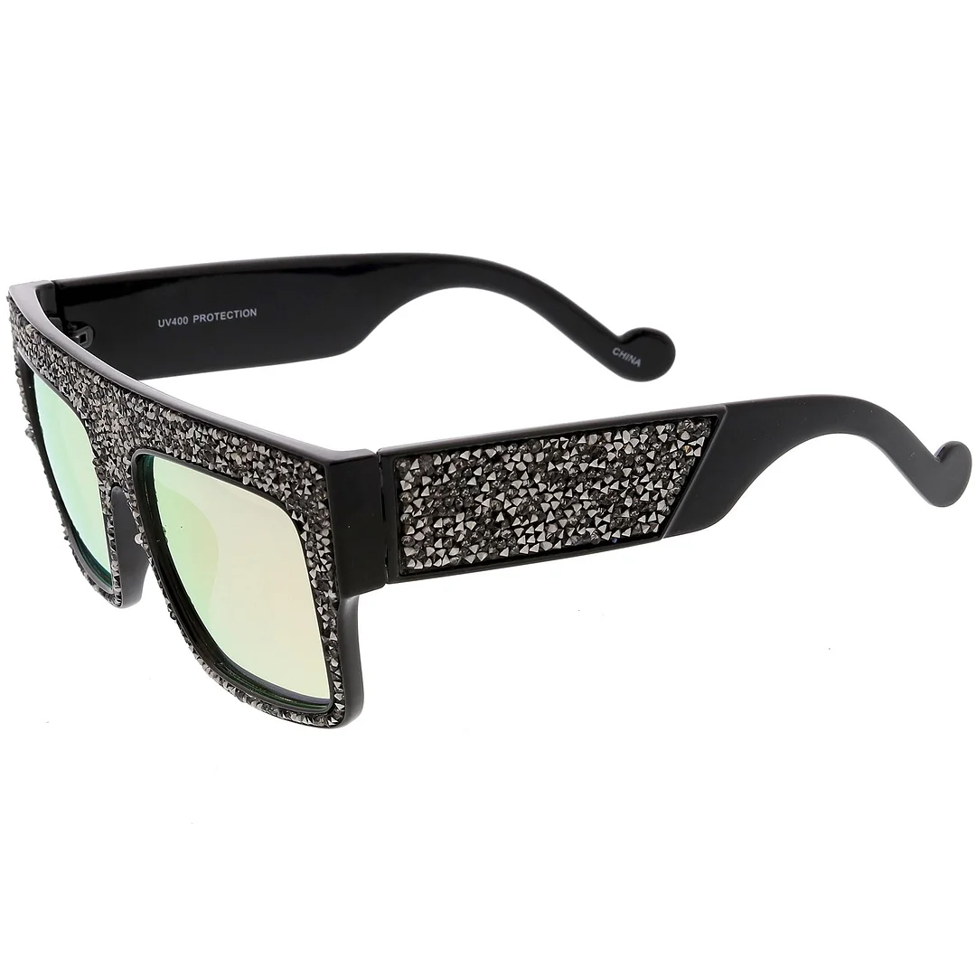 Women's Rhinstone Crystal Flat Top Square glasses Mirrored Lens 57mm