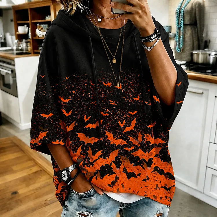 Women's Halloween Horror Bat Color Block Art Print Hoodie