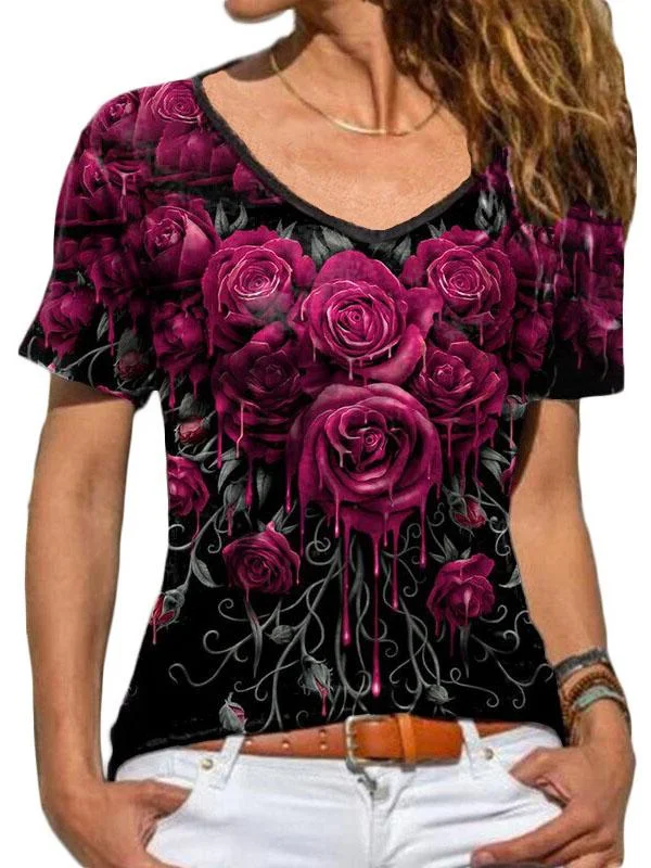 Ladies' V-neck Short Sleeve Floral Printed TOP