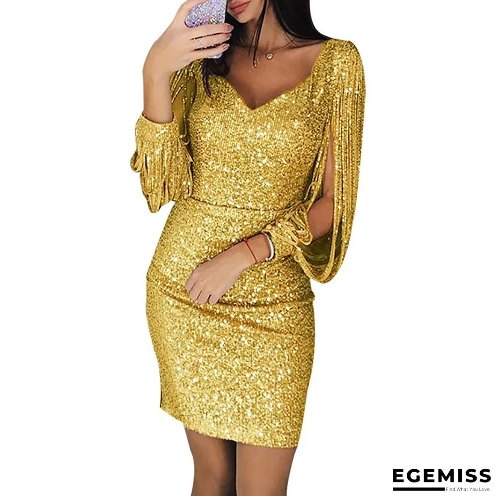 European and American V-neck Tassel Long Sleeve Slim Hip Dress | EGEMISS