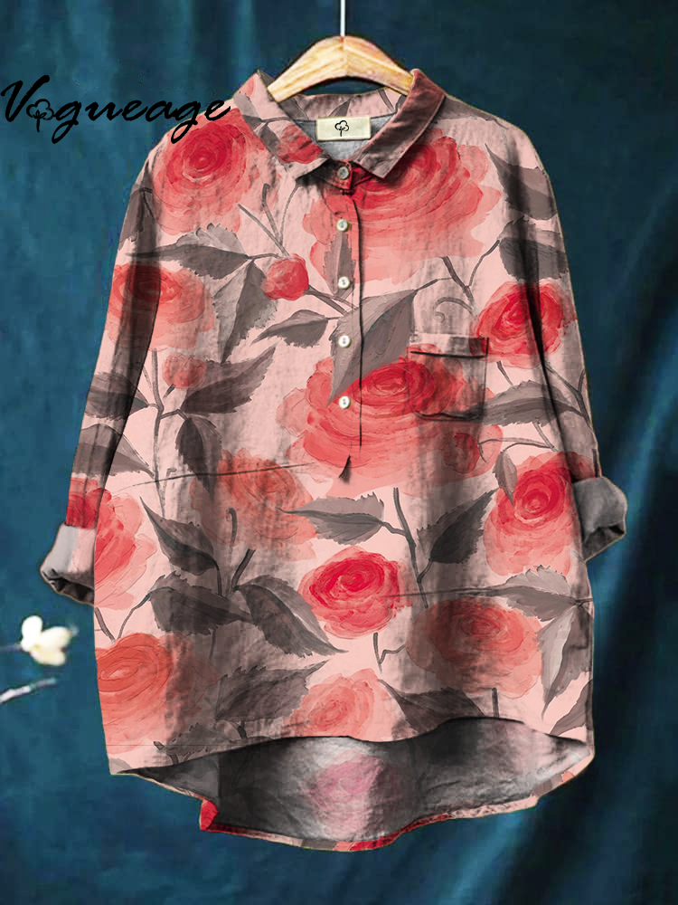 Elegant And Bright Ink Flowers Print Cotton And Linen Shirt