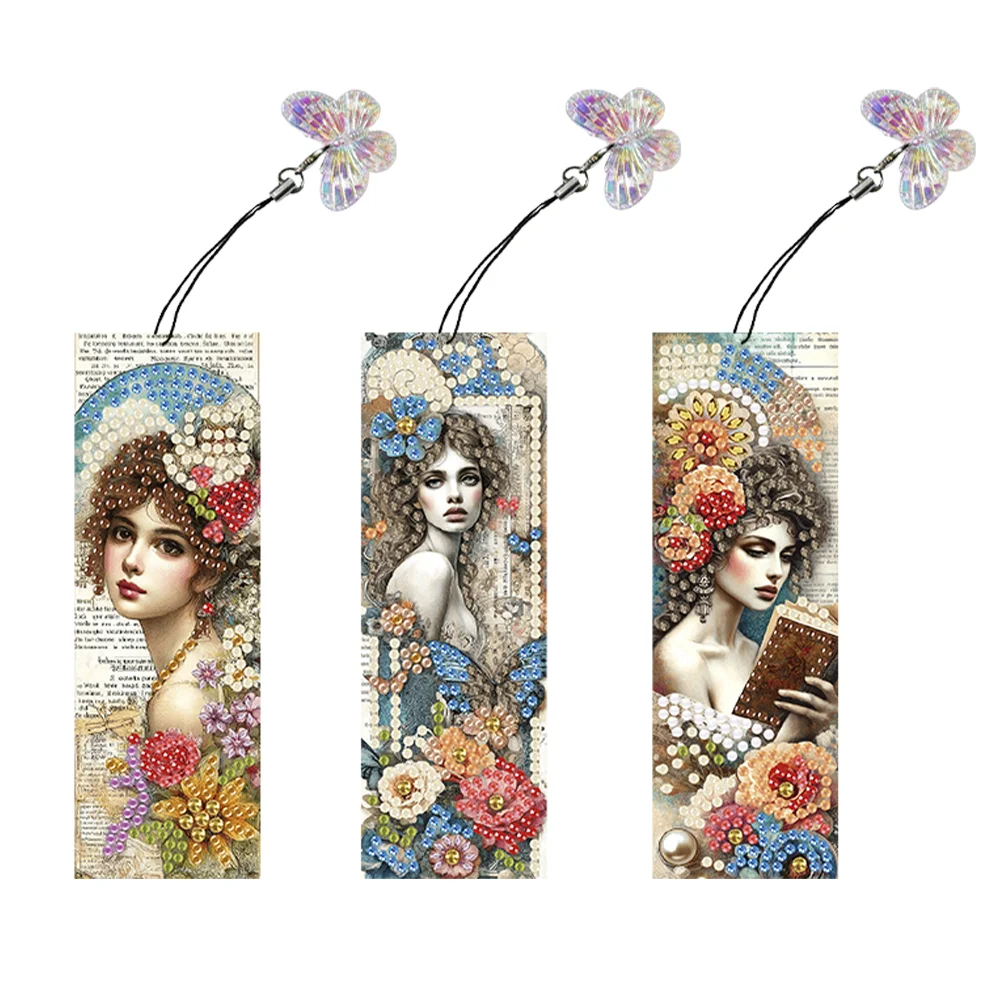 3Pcs Retro Girl Special Shaped Diamond Painting Bookmark Making Kit Decor