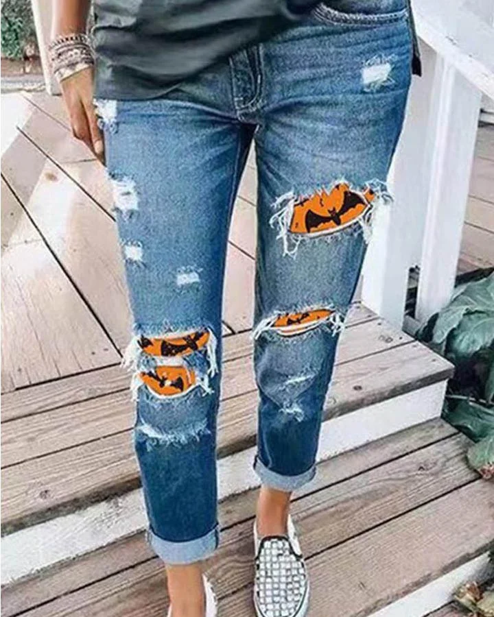 Abstract Straight Zip Button Halloween Jeans