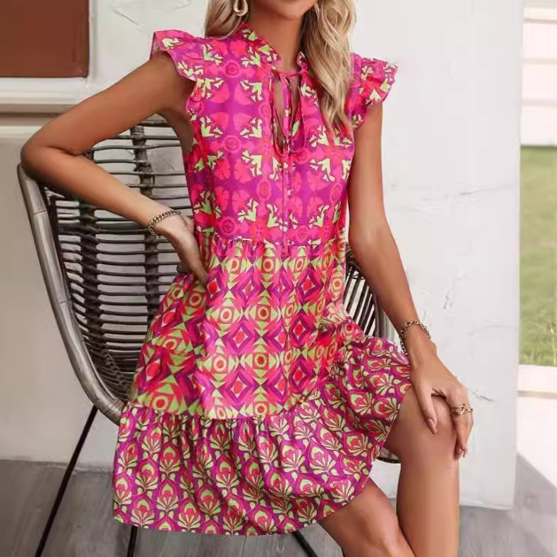 Mature Women Summer Fashion V-Neck Lace-up Straight Printed Sleeveless Dress