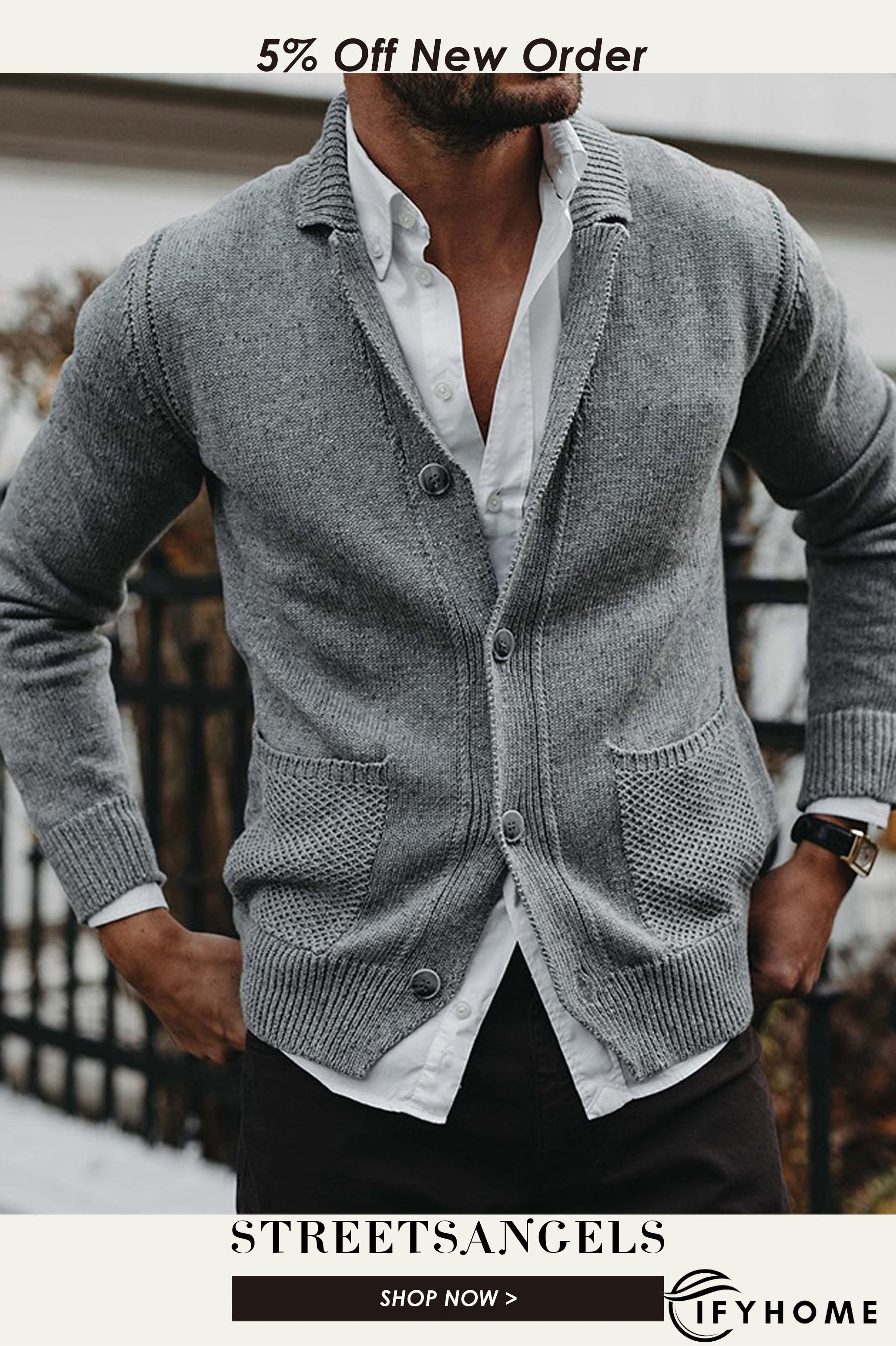 Men's Casual Fashion Solid Color Loose V-Neck Long-Sleeve Sweater Cardigan | IFYHOME