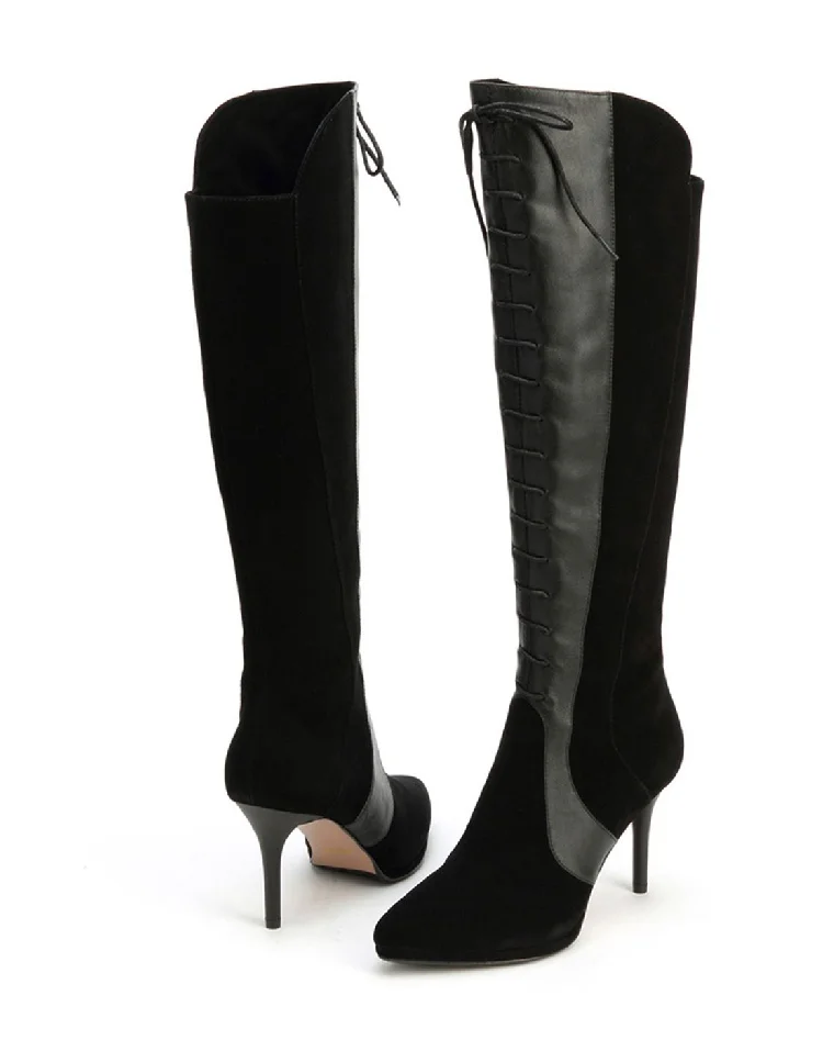 Black Suede and Silver Stiletto Heel Lace Up Boots |FSJ Shoes