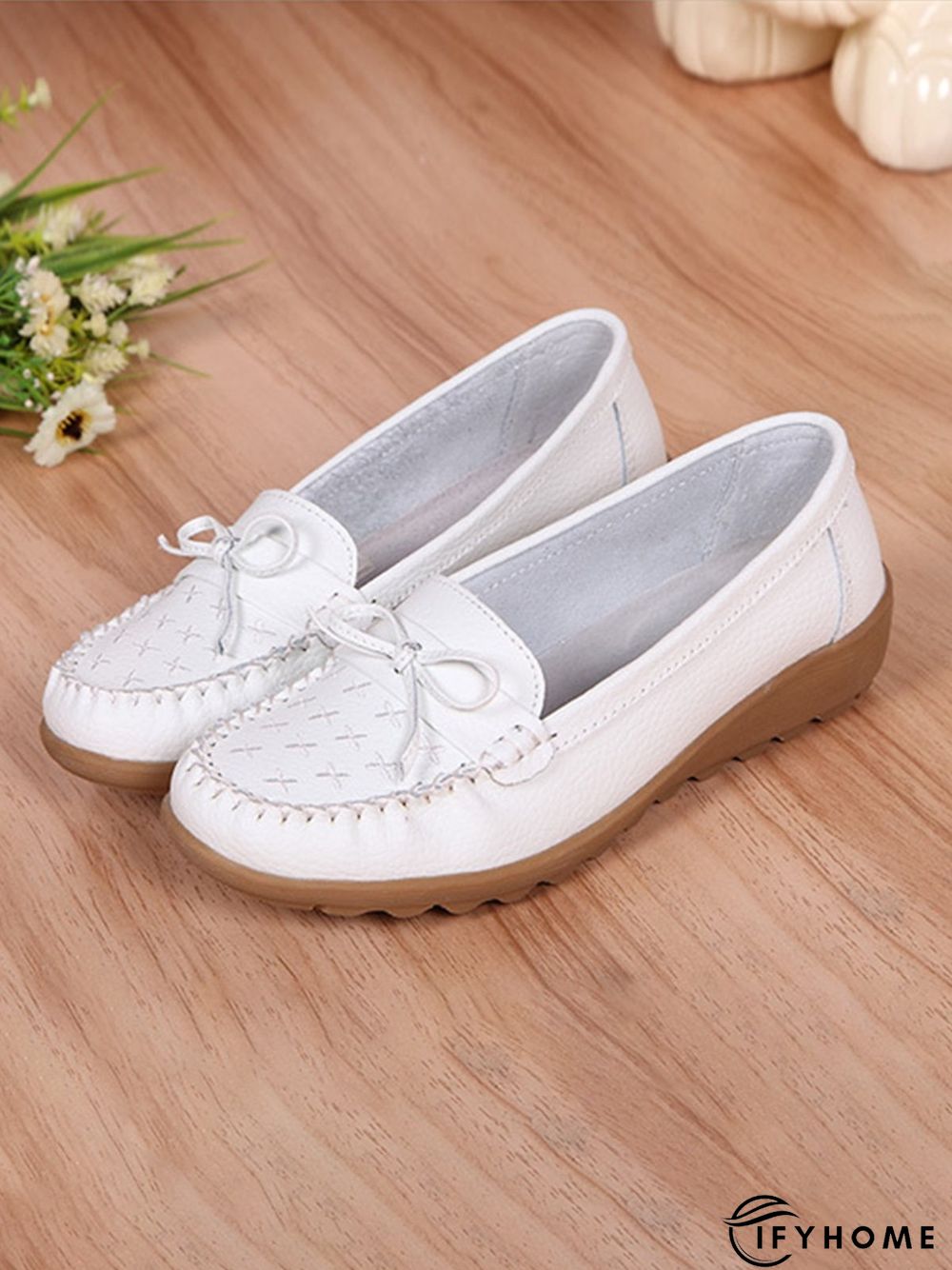 Bow Decor Moccasin Comfy Sole Flat Peas Shoes | IFYHOME