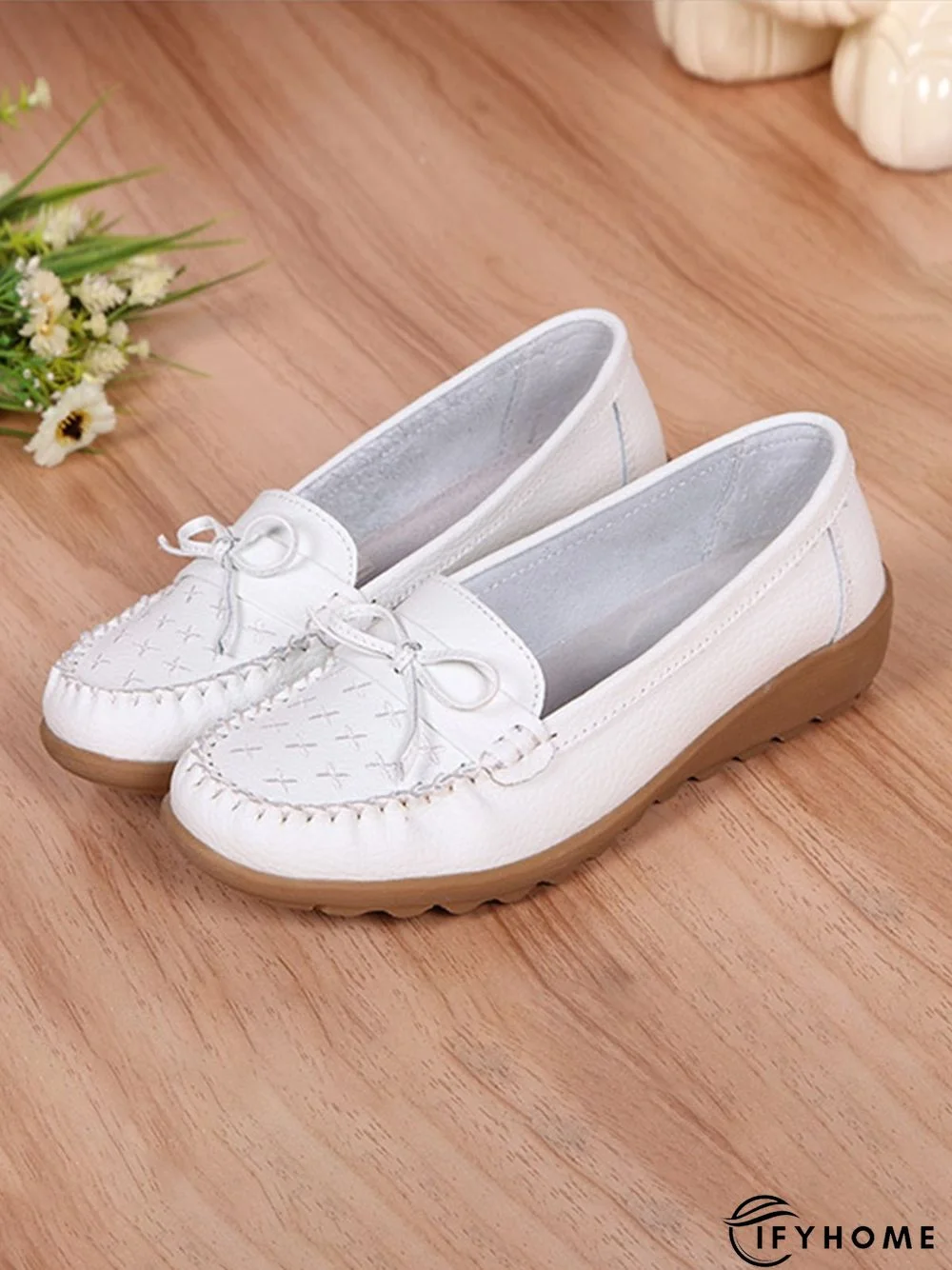 Bow Decor Moccasin Comfy Sole Flat Peas Shoes | IFYHOME