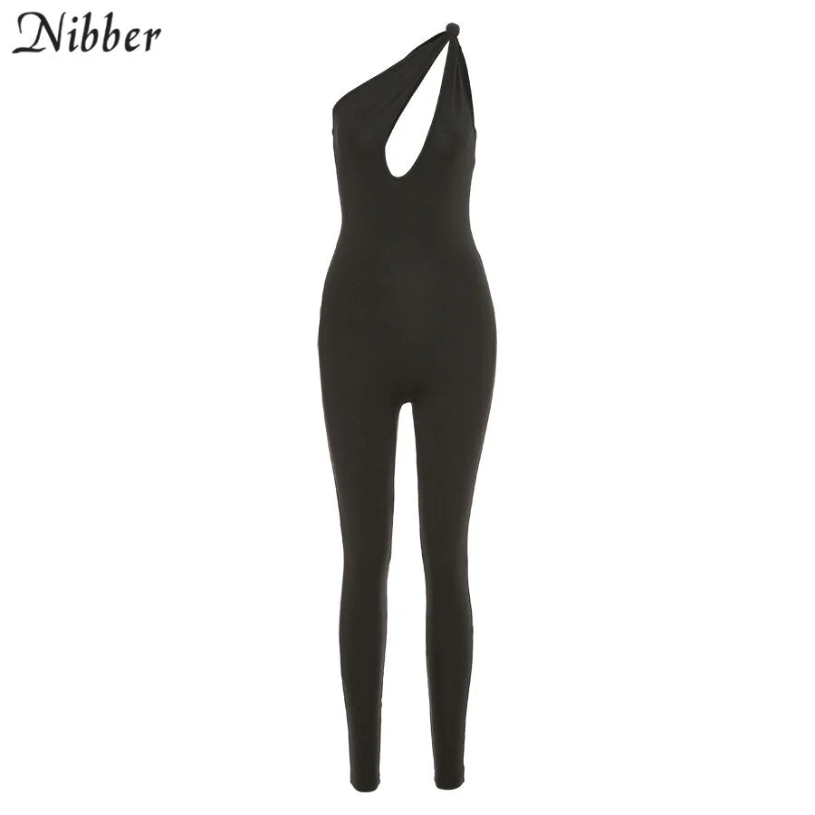 NIBBER Sexy Hollow One-shoulder Jumpsuit Women's  Streetwear 2022 Solid Color Casual Open Back Playsuit Slim sleeveles Jumpsuit