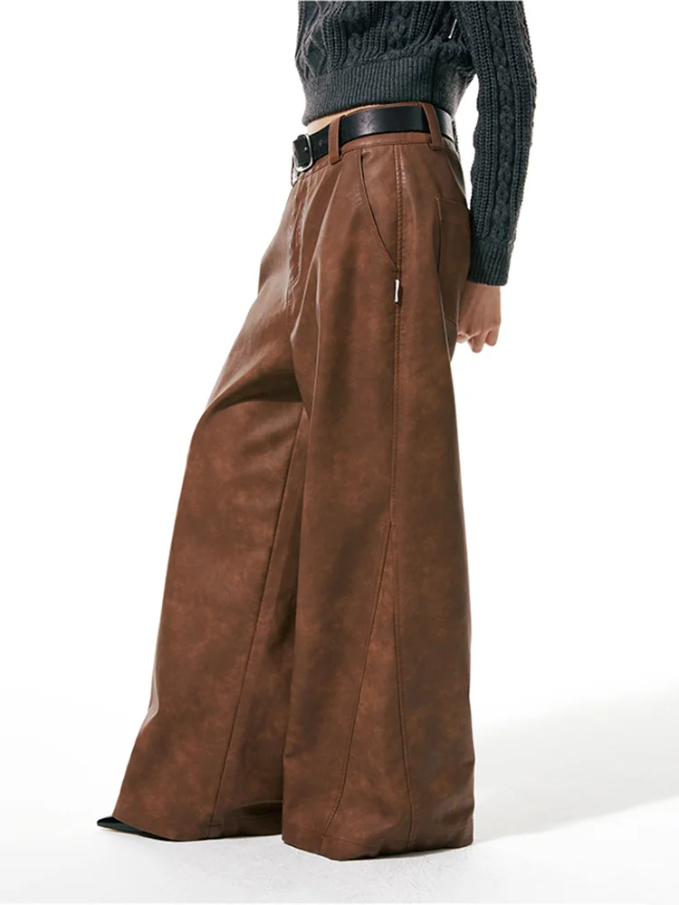 Aonga Spring Autumn Long Loose Casual Brown Pu Leather Pants Men Wide Leg LUxury Designer Unisex Trousers Fashions 2023 aonga