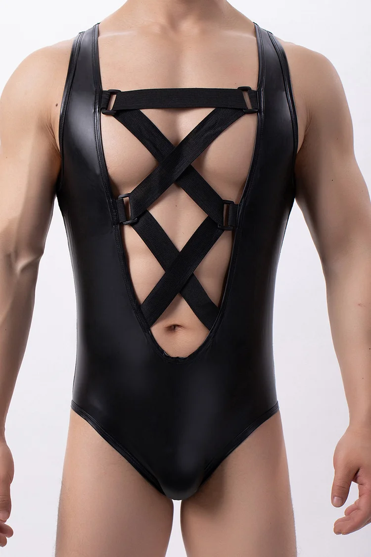 Men's Imitation Leather Side Stitching Net Crossover Lace Up Bodysuit