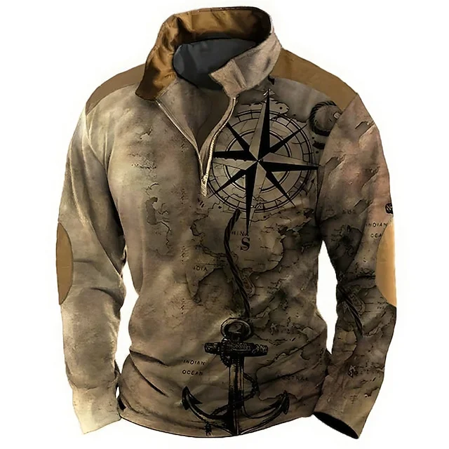 Vintage Half-Zip Collar Colorblock 3D Geo Long Sleeve Polo Shirt