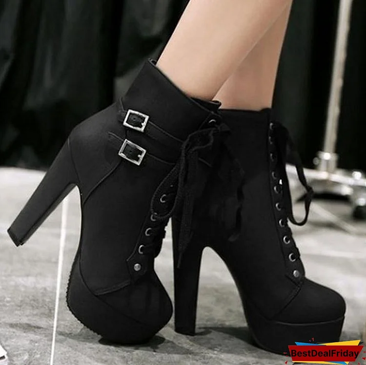 Fashion PU Leather Women Thick High Heel Short Boots