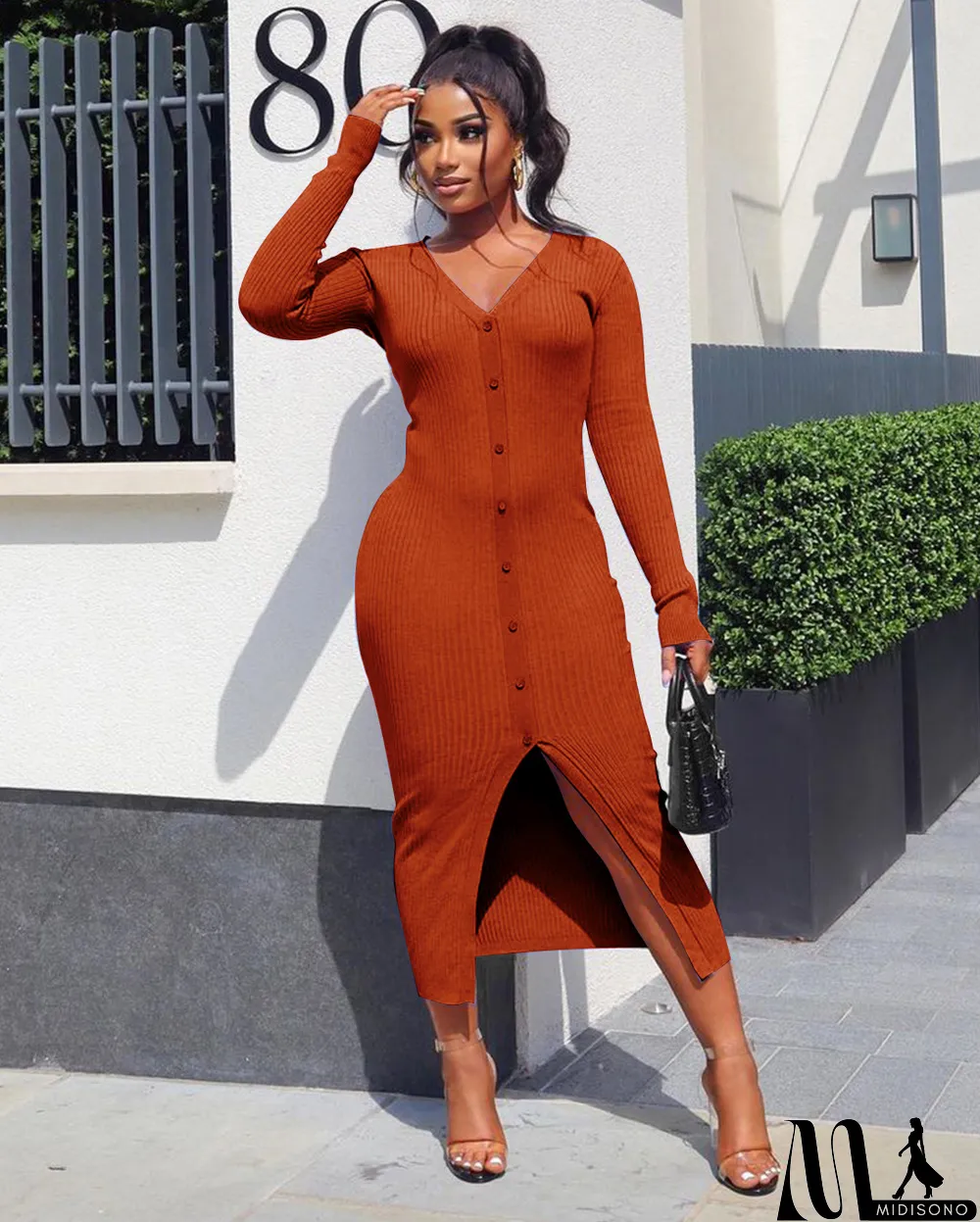 MidiSono - Autumn And Winter Models Thread Slits Slim Sexy Dress