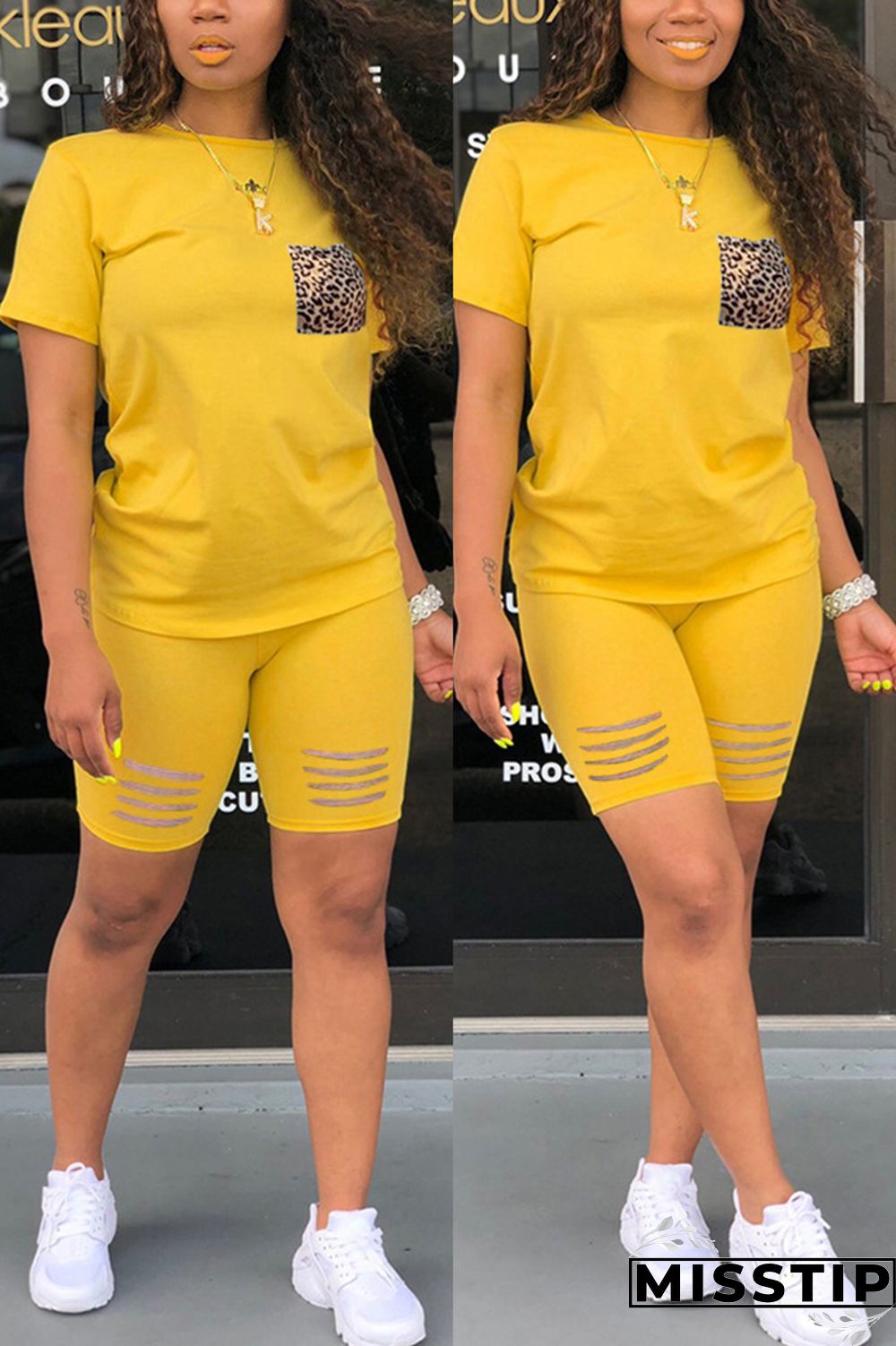 Yellow Fashion Casual Leopard Print Pocket Set