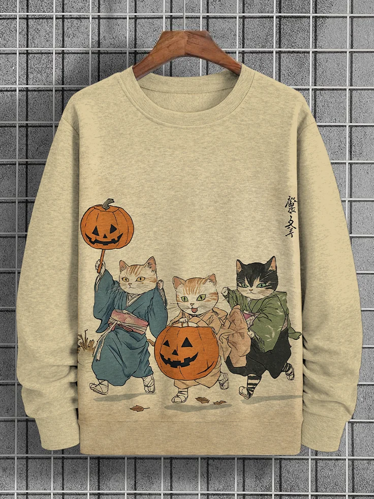 Men's Trick-Or-Treating Three Cats Japanese Art Print Casual Sweatshirt
