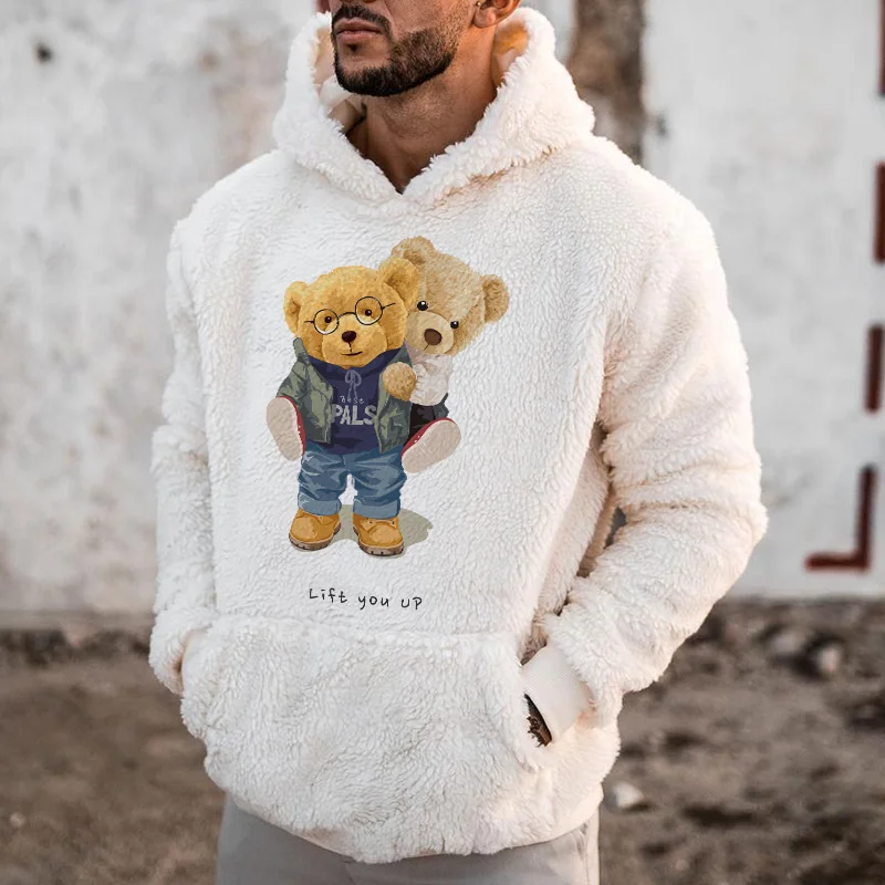 Men's Bear Graphic Plush Warm Hooded Sweatshirt、、URBENIE