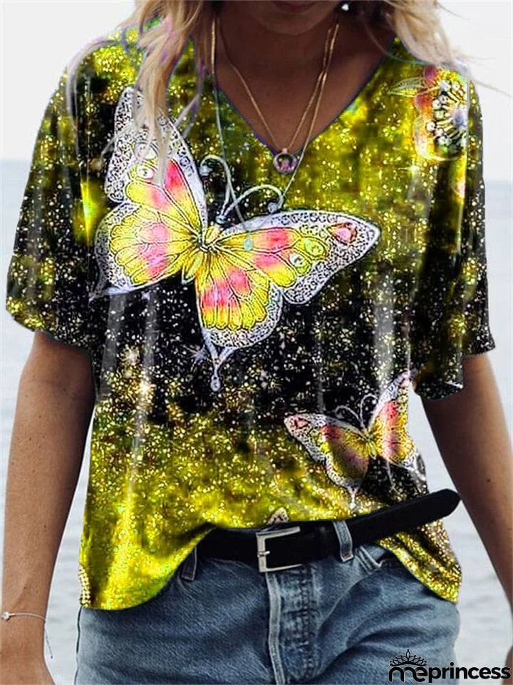 Women's Loose Short-Sleeved V Neck Butterfly Print T-Shirt