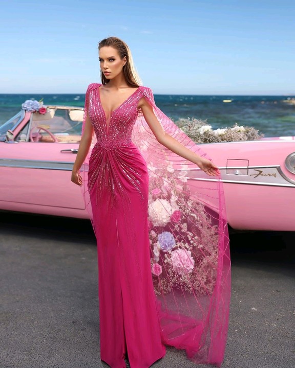 Oknass Glamorous Fuchsia V Neck Sleeveless Long Prom Dress With Beading