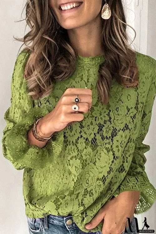 Fashion Flared Sleeves O Neck Lace Top