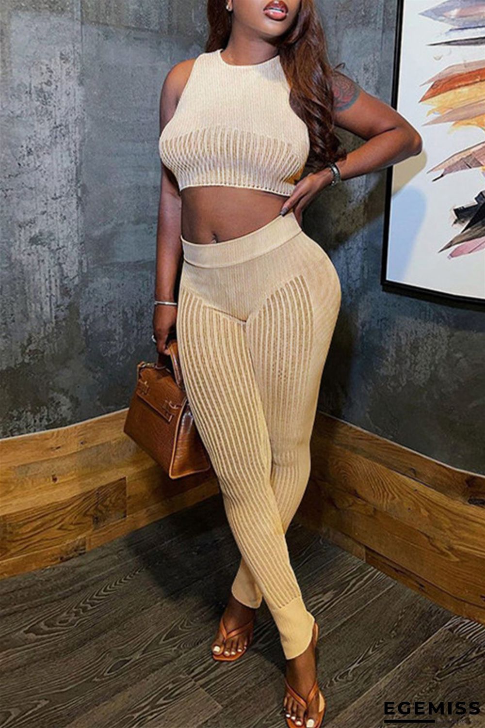 Apricot Sexy Casual Solid Patchwork O Neck Sleeveless Two Pieces | EGEMISS