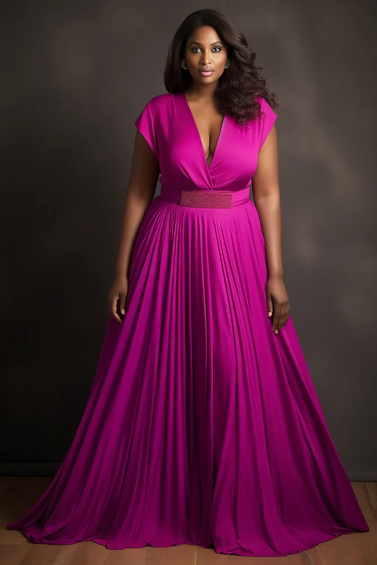 Xpluswear Design Plus Size Formal Hot Pink Wrap Neck Pleated Elegant Maxi Dresses [Pre-Order] 2024 - Xpluswear