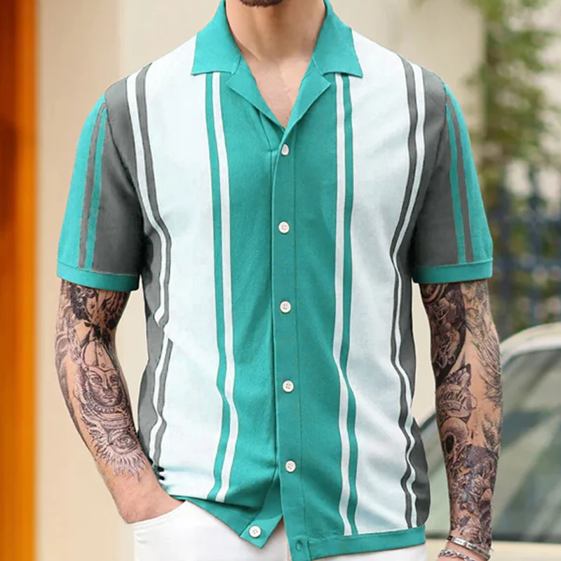 Men's Contrast Striped Lapel Polo Collar Short-Sleeved Sweater
