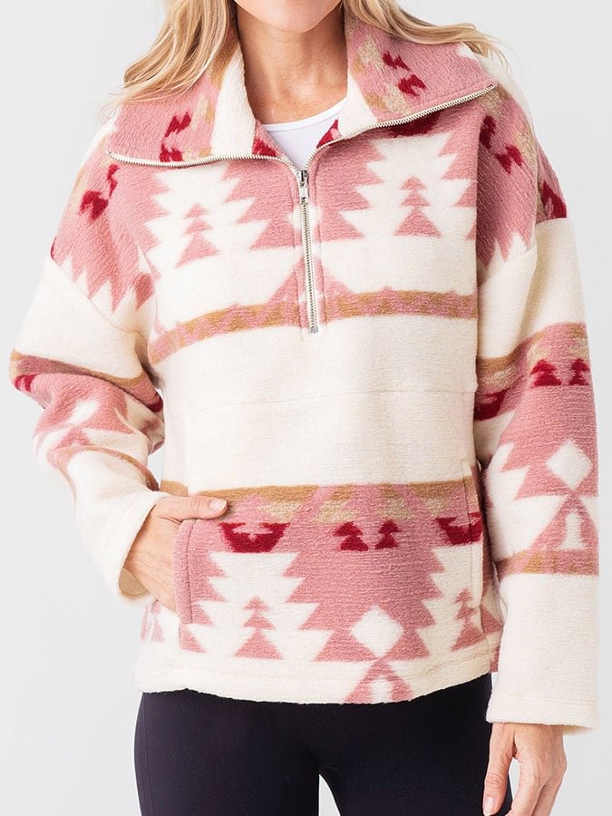 Retro Geometric Pink Print Pocket Zipper Sweatshirt
