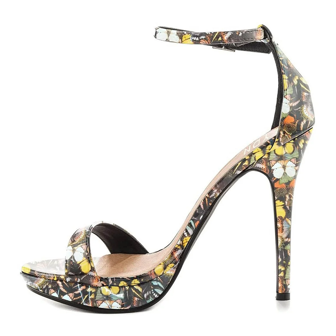 Butterfly Print Stiletto Heels Buckle Strap Open Toe Women Sandals