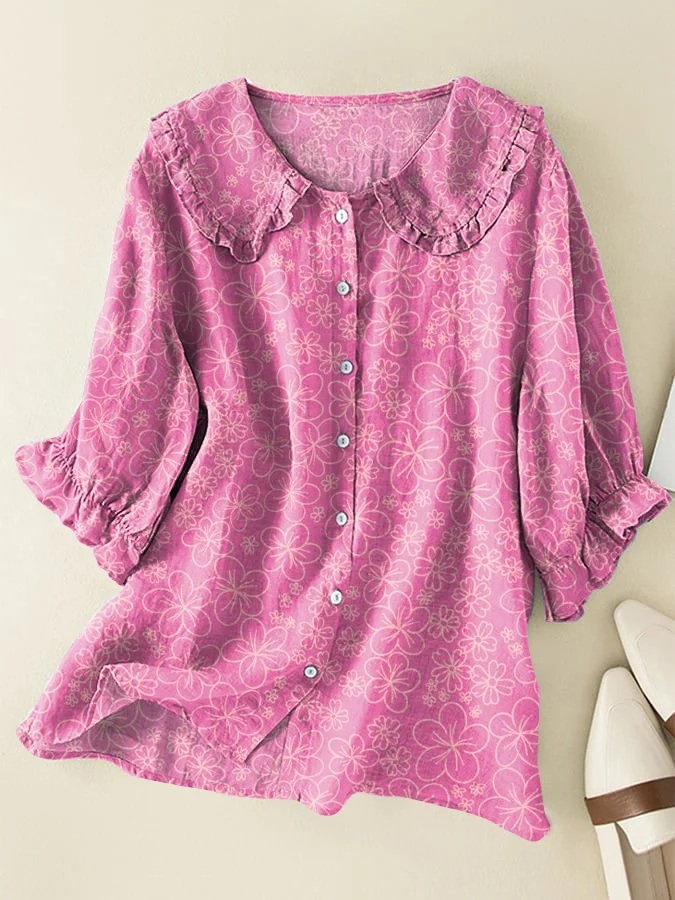 Pink Cherry Blossom Cotton and Linen Peter Pan Ruffle Collar Shirt