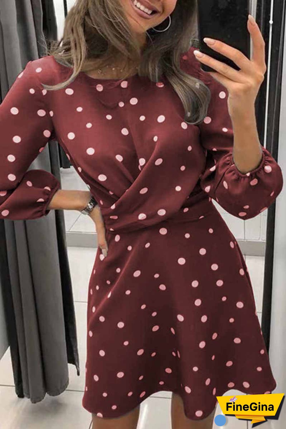 Loose Round Neck Long Sleeve Polka Dot Mini Dress
