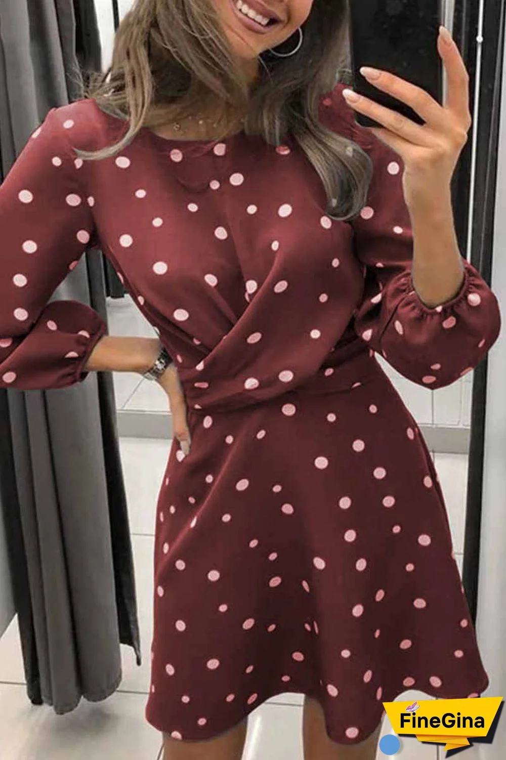 Loose Round Neck Long Sleeve Polka Dot Mini Dress
