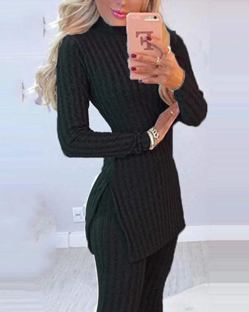 Graduation Gifts 2022 Fall Winter Knitted 2 Piece Suits Women Long Sleeve Ribbed Slit Long Top and High Waist Pencil Pants Set