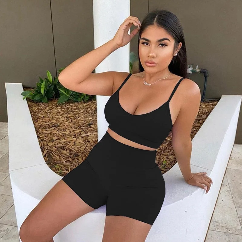 Abebey  Two Piece Set 2023 Summer New  Women Sleeveless Strap Tank Vest Crop Tops High Waist Shorts Pants Trousers Solid Tracksuit