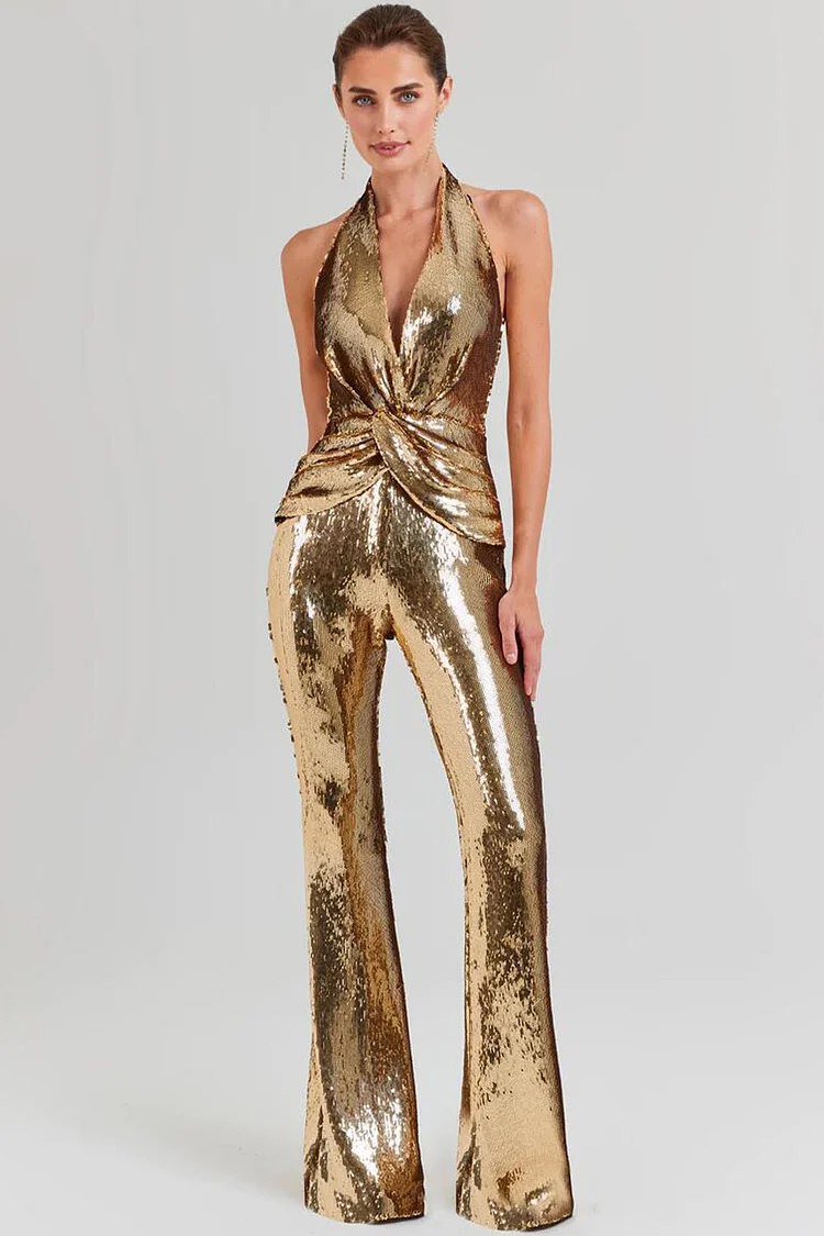 Halter Backless Flare Leg Sequin Jumpsuit-Gold