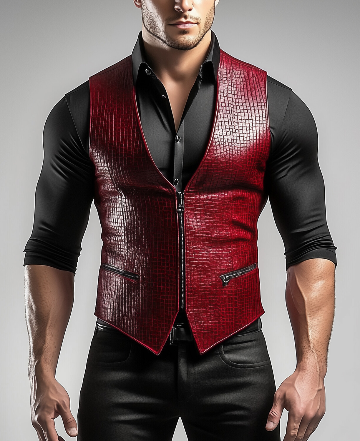 Okaywear V Neck Zipper Crocodile PU Leather Vest