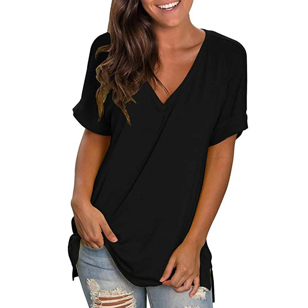 Solid Color Loose V Neck T Shirt