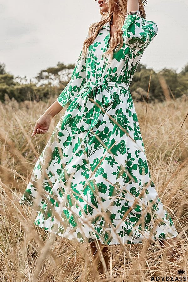 Fashion Women's Green Print Lace-up Dress