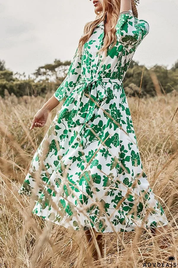 Fashion Women's Green Print Lace-up Dress