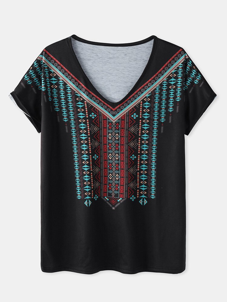 Women Ethnic Pattern V neck Short Sleeve Vintage T Shirt P1850256