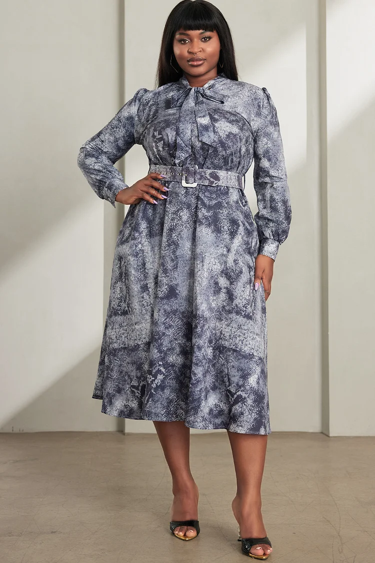 Xpluswear Design Plus Size Semi Formal Midi Dresses Elegant Grey All Over Print Fall Winter Long Sleeve Chiffon Midi Dresses [Pre-Order]