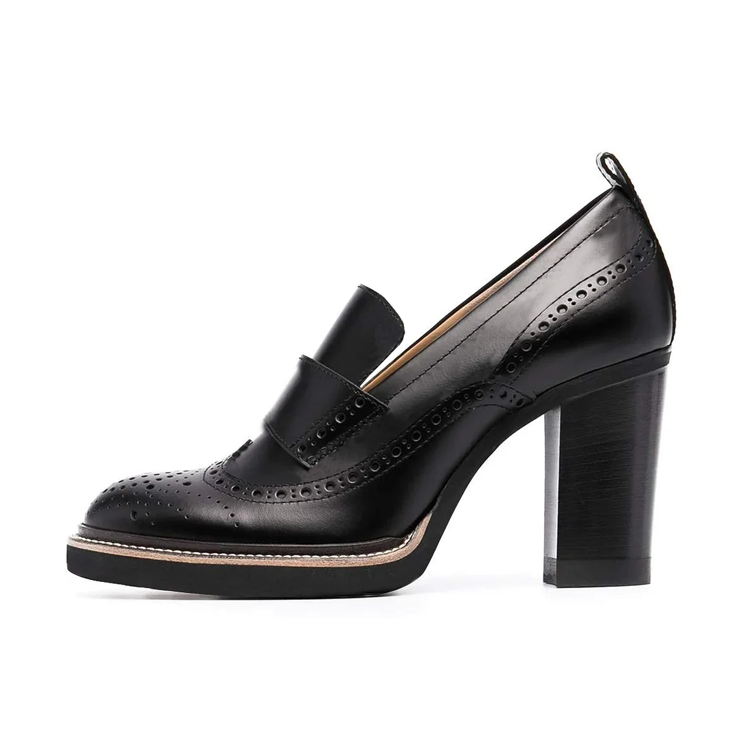 Black Vegan Leather Round Toe Cut-Out Platform Loafers with Block Heel