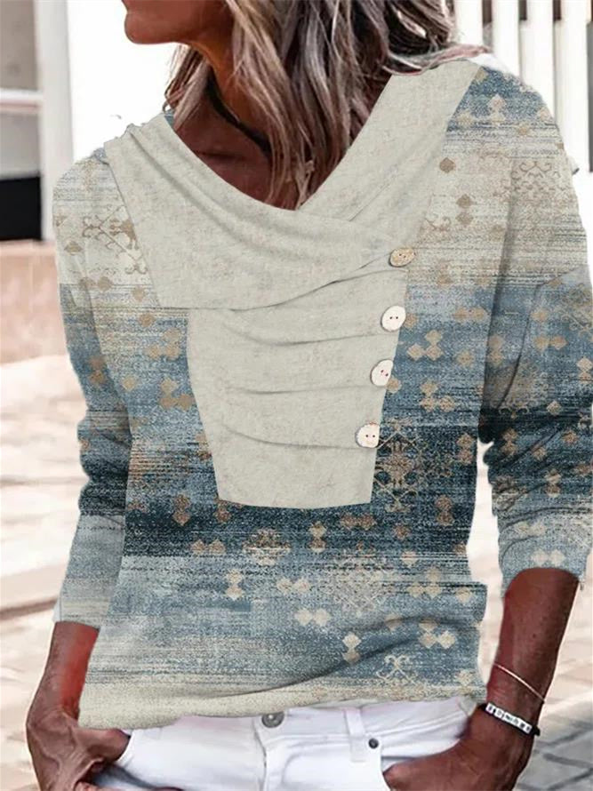 Women Long Sleeve V-neck Graphic Floral Printed Top